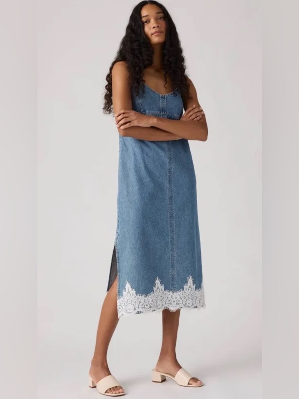 Levi's Blue Denim Slip Dress with White Lace Hem